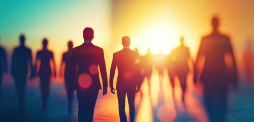 Fototapeta premium Silhouetted Figures Walking Towards Bright Horizon at Sunset in Business Attire, Symbolizing Motivation, Ambition, and Future Potential in Professional Life