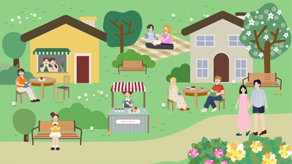 휴식하는 커플과 산책하는 여인들 그리고 마을