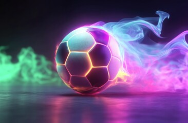 Neon soccer ball, vibrant colors, glowing flames