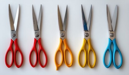 Five pairs of scissors in a row, each with a different colored handle