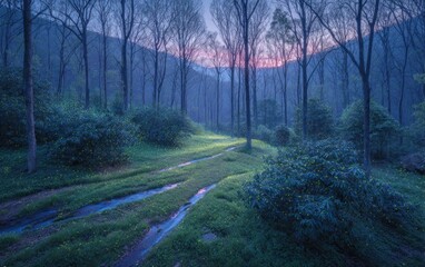 Fototapeta premium Misty forest pathway at dawn