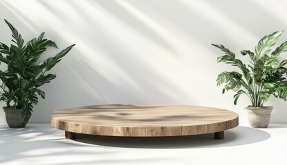 Empty round wooden platform, sunlight & plants