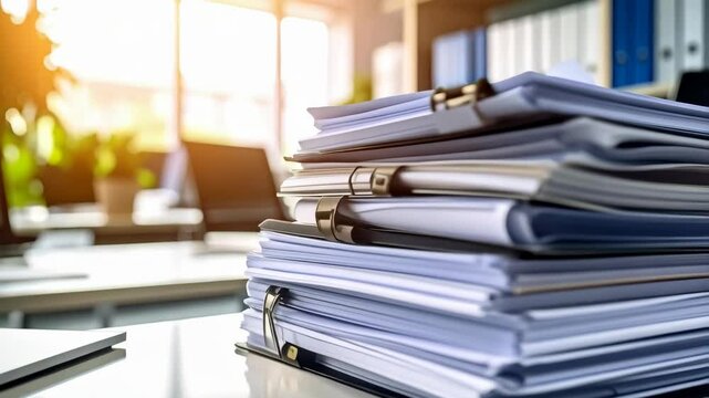 Stack of paperwork, binders and laptops on a desk in a modern office bathed in sunlight, depicting administrative work