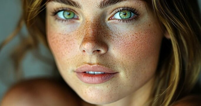 Close-up portrait of a young woman with freckles and green eyes. Soft lighting enhances her features against a muted background