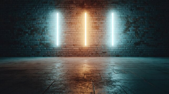 Neon glow on grunge brick wall, a fusion of retro and futuristic vibes