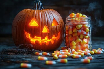 Glowing carved pumpkin jack-o-lantern next to a glass jar spilling candy corn on a rustic wooden surface with smoky background evoking festive Halloween mood