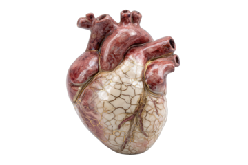 Intricate ceramic heart model, realistically detailed with deep red and gold crackle glaze, showcasing anatomical accuracy