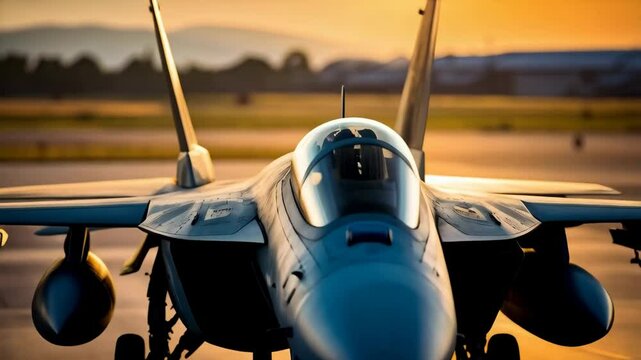 Gray fighter jet on an airfield runway facing forward at sunset with mountains in background, showing weaponry and landing gear