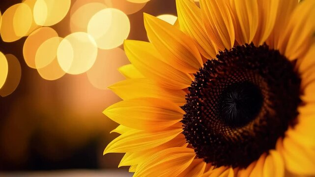 Close-up of bright yellow sunflower in partial bloom with soft, blurred lights in the background, shot with shallow depth of field.