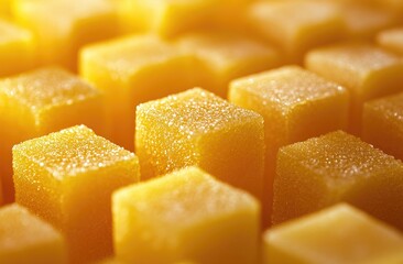 Close-up of many small, golden-yellow, square, sugared candies