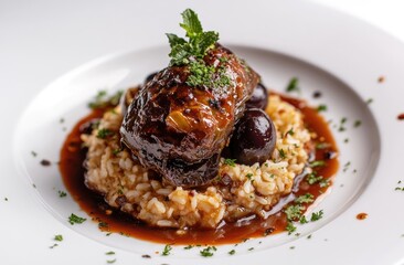 Naklejka premium Roasted meat, risotto, and cherry sauce on a plate
