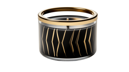 Elegant Black and Gold Scented Candle with Geometric Design in Glass Jar on transparent background.