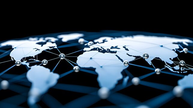 A stylized world map is shown, with metallic spheres and glowing lines connecting them, representing a global network.