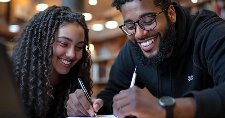 Smiling young man and woman collaborate on a project, writing together at a wooden table in a library setting. Laptop and books are visible in the background - Powered by Adobe