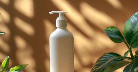 White pump bottle surrounded by lush green plants, bathed in soft, warm sunlight against a beige background.  Clean and minimalist aesthetic