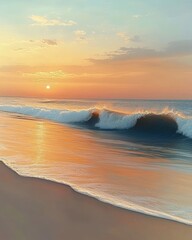 Fototapeta premium Calm ocean waves gently rolling onto a sandy beach at sunset under a partly cloudy sky with warm, soft orange and yellow tones