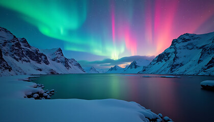 Stunning Aurora Borealis Display Over Snow-Capped Mountains and Icy Waters