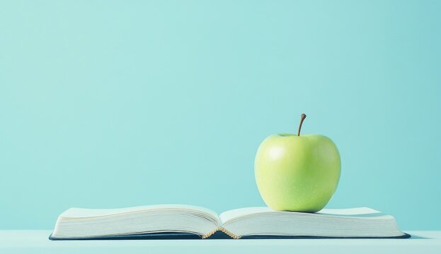 Open book with a green apple