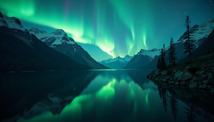 Stunning Aurora Borealis Over a Serene Lake with Mountain Backdrop at Night
