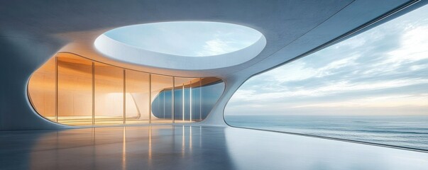 Obraz premium Modern architectural interior with smooth curved walls, large glass windows overlooking calm ocean and sky, and circular skylight casting natural light inside