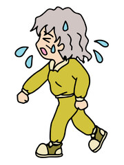 汗をかきながら疲れて歩くシニア女性のイラスト　カラー（Affinity Designer版）