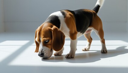 Alert beagle dog sniffing attentively on a white surface indoors with natural lighting