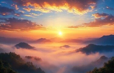 Fototapeta premium Sunrise over misty mountain range with dramatic clouds and vibrant orange and yellow sky illuminating fog in the valleys