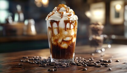 Caramel coffee drink in a glass, topped with whipped cream and caramel drizzle, sits on a wooden table with coffee beans