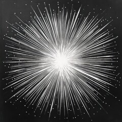 Obraz premium Bright white starburst radiating light beams and dots against a dark background, evoking energy and cosmic explosion