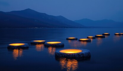 Illuminated floating stones form a path across a serene lake at twilight, mountains in the background