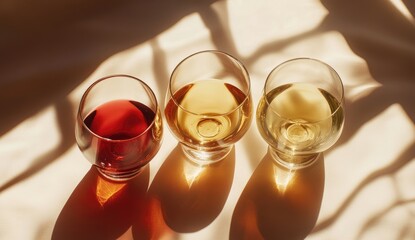 Three wine glasses, red, yellow, and white, on a light beige surface with dramatic shadows