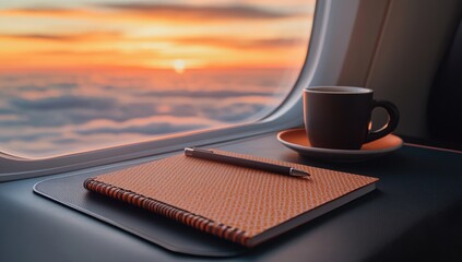 Airplane window seat with coffee, notebook, and pen at sunrise