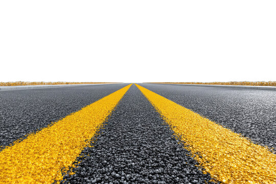 A low-angle, close-up view of a dark asphalt road stretching towards a black horizon, featuring two bright yellow center lines