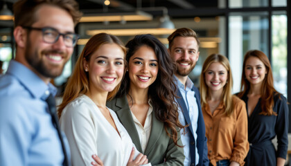 Smiling diverse corporate group standing in modern office environment with confident expressions and business attire