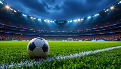 Soccer ball on green grass field with white line in large stadium under bright lights at dusk