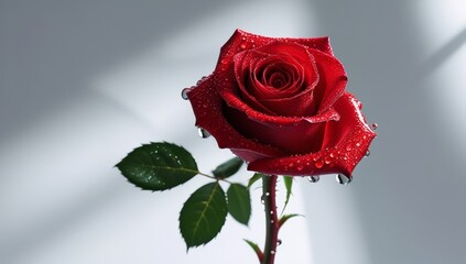 Elegant close up of a single red rose with water droplets on petals against a soft background