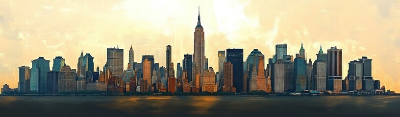 Fototapeta premium City skyline at sunset featuring numerous tall buildings and skyscrapers reflected in calm water