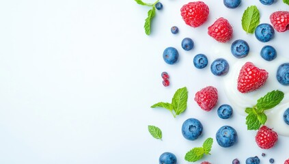 Fresh raspberries and blueberries on a light blue surface, garnished with mint leaves