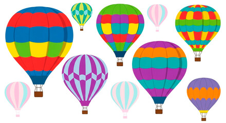 Obraz premium Colorful hot air balloons float against a bright, white background, creating a festive and whimsical scene. Airships dot the landscape.