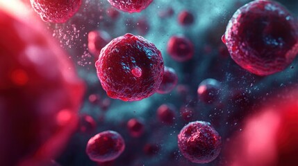 Naklejka premium Close-up microscopic view of red blood cells floating in a fluid environment evoking a sense of life and biological activity