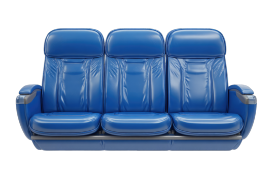 A three-seater, vibrant blue, upholstered couch with padded armrests and a sleek, metallic gray base, rendered in a digital 3D style
