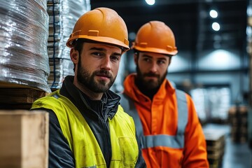 Two male industrial workers in orange safety helmets and high-visibility jackets standing in a warehouse surrounded by pallets and packaged goods, focused and attentive expressions