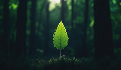 Single vibrant green leaf in a dark forest