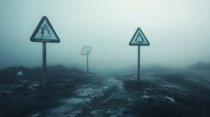 Foggy path with warning signs.