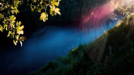 Misty river with spiderweb