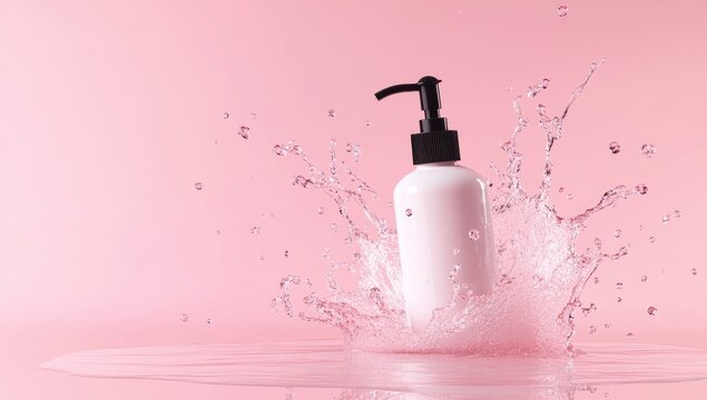 White pump bottle of lotion exploding into water splashes on a pink background