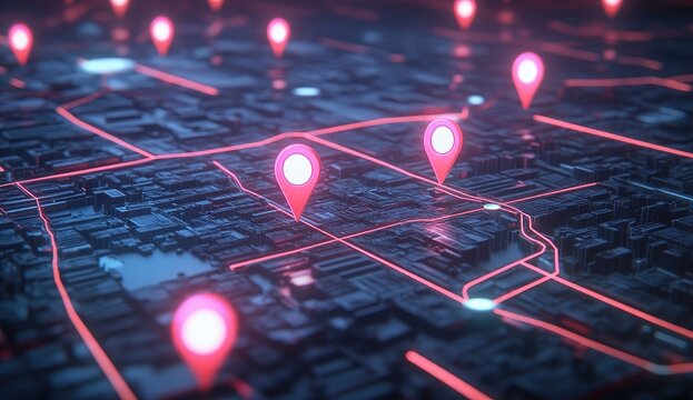 Urban map with glowing red markers, intricate city grid - Powered by Adobe