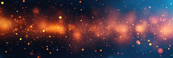 Abstract image of glowing orange and yellow particles floating against a dark blue background, creating a warm, magical, and festive atmosphere