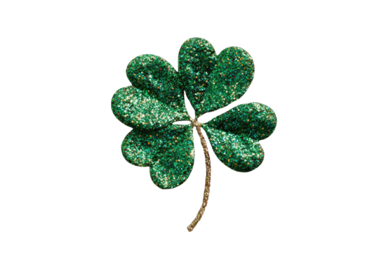 A detailed close-up reveals a four-leaf clover, its surface textured with a glittering, emerald green sheen against a stark black backdrop. The stem is slender and brown