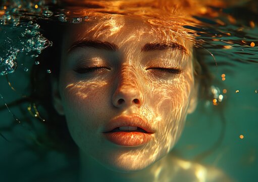 Close-up of a young woman with closed eyes submerged partially underwater with soft sunlight reflecting on her face, conveying tranquility and serenity